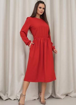 Красное классическое платье с длинными рукавами2 фото