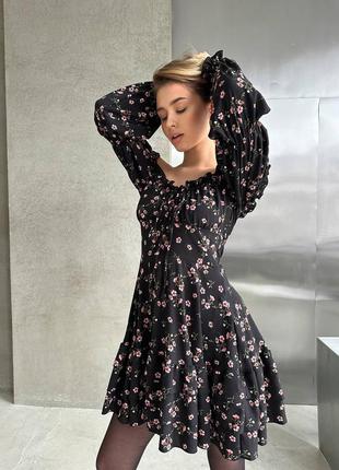 Женское роскошное стильное качественное трендовое легкое летнее черное платье с розовыми цветами.8 фото