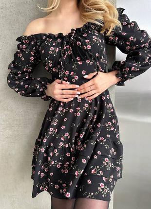 Женское роскошное стильное качественное трендовое легкое летнее черное платье с розовыми цветами.9 фото