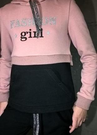 Модная стильная толстовка худи кофта  для девочки розовая двунитка7 фото