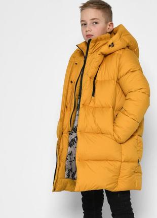Куртка детская пуховая, теплая зимняя, с капюшоном, для мальчика, горчичная4 фото