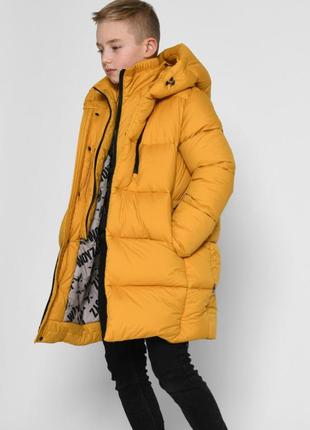 Куртка детская пуховая, теплая зимняя, с капюшоном, для мальчика, горчичная3 фото