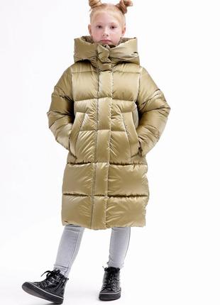 Пуховик детский, для девочки, куртка детская пуховая зимняя с капюшоном, теплая, бронзовый3 фото