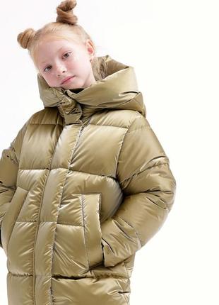 Пуховик детский, для девочки, куртка детская пуховая зимняя с капюшоном, теплая, бронзовый4 фото