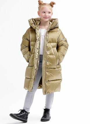 Пуховик детский, для девочки, куртка детская пуховая зимняя с капюшоном, теплая, бронзовый7 фото
