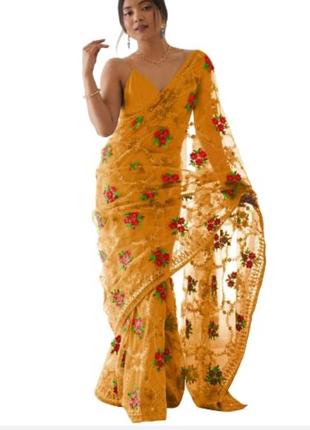 Индийское сари  с цветочным принтом1 фото