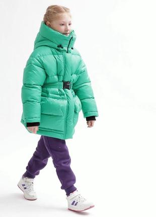 Куртка зимняя детская, пуховик детский, подростковый, с капюшоном, с поясом, для девочки, зеленый2 фото