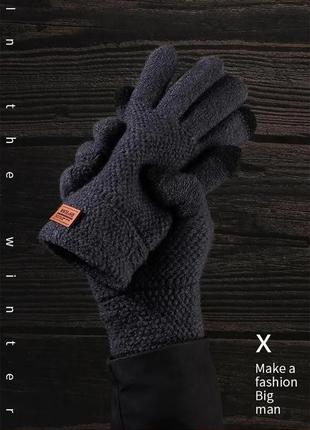 Теплі зимові сенсорні рукавички флісові в'язані рукавиці рукавички чорні5 фото