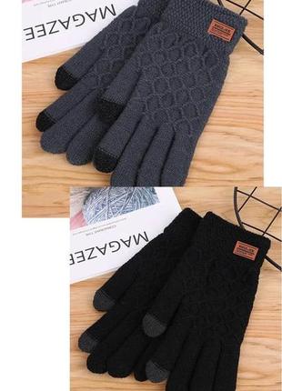 Теплі зимові сенсорні рукавички флісові в'язані рукавиці рукавички чорні8 фото