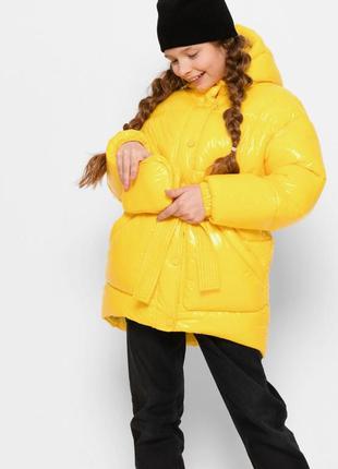 Куртка зимняя детская, с капюшоном, для девочки, желтая3 фото