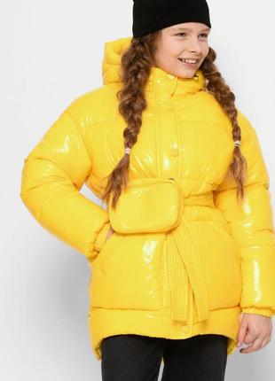 Куртка зимова дитяча, з капюшоном, для дівчинки, жовта