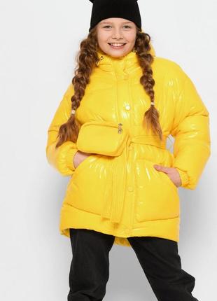 Куртка зимняя детская, с капюшоном, для девочки, желтая4 фото