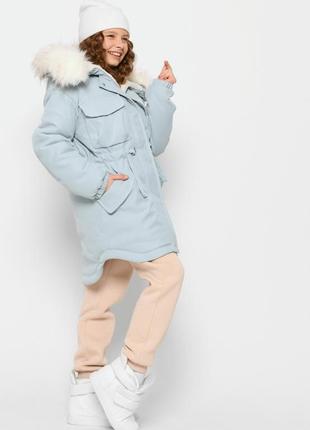 Парка детская, куртка зимняя, для девочки, с капюшоном с мехом, голубая