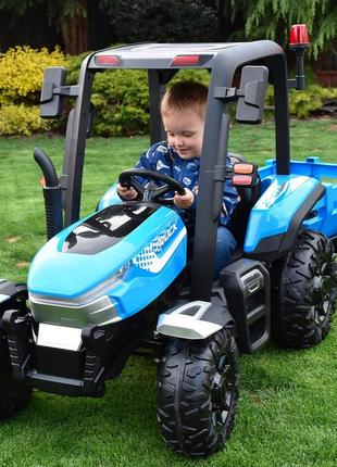 Дитячий електромобіль трактор bambi з причепом та дахом (синій колір) з пультом дистанційного керування 2,4 g