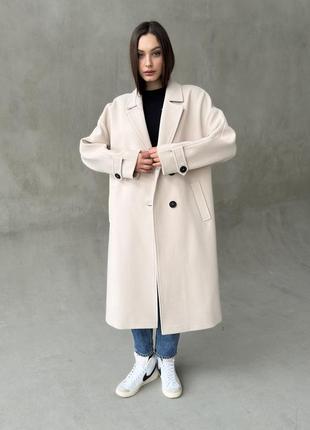 Демисезонное качественное актуального женское кашемировое пальто оверсайз белого цвета, р 40-525 фото