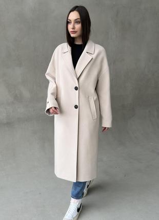 Демисезонное качественное актуального женское кашемировое пальто оверсайз белого цвета, р 40-529 фото