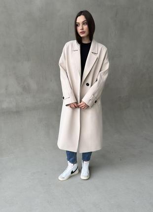 Демисезонное качественное актуального женское кашемировое пальто оверсайз белого цвета, р 40-5210 фото