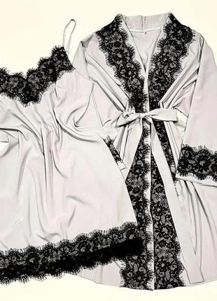 Комплект домашнього одягу халат і нічна сорочка з мереживом1 фото
