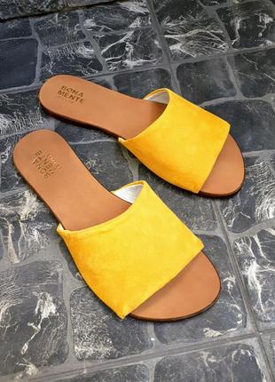 Замшевые шлёпанцы жёлтые р34-42 сандалии шлепки тапки сланцы тапочки шльопанці сандалі3 фото