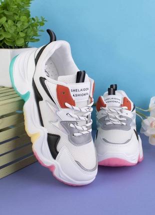 Стильные белые кроссовки на платформе массивные модные кроссы сетка