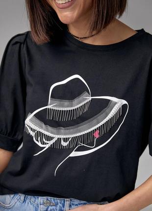 Женская футболка с рукавами-фонариками и принтом шляпка5 фото