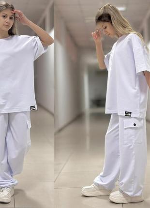 Подростковый стильный костюм для девочек love, футболка оверсайз и штаны карго, размеры на рост 134 - 160
