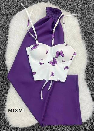 Костюм: топ-корсет и штаны палаццо свободного кроя на высокой посадке с бабочками фиолетовый черный качественный трендовый стильный