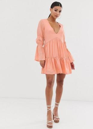 Розово-персиковое платье-мини, свободного кроя, с v-образным вырезом missguided (размер 34-36)