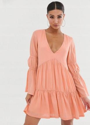 Розово-персиковое платье-мини, свободного кроя, с v-образным вырезом missguided (размер 34-36)2 фото