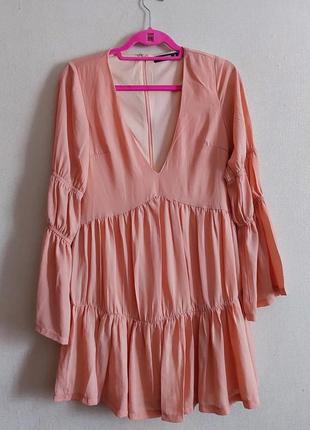 Розово-персиковое платье-мини, свободного кроя, с v-образным вырезом missguided (размер 34-36)3 фото