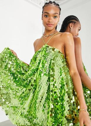 Яблочно-зеленое платье мини с открытой спиной и пайетками asos edition5 фото