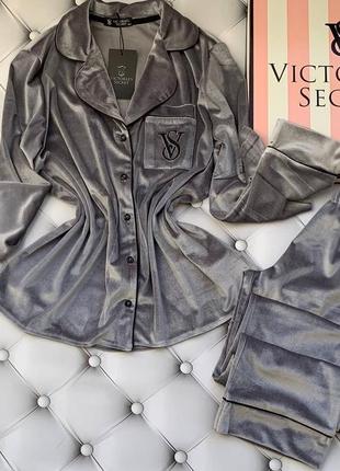 Пижама велюровая в стиле victoria’s secret серая рубашка с длинным рукавом и штаны