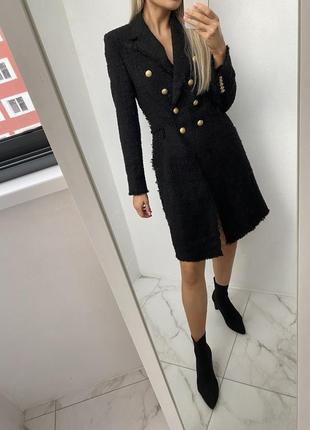 Круте твідове двобортне пальто із золотими ґудзиками зара zara