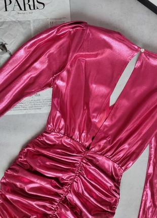 Вечернее яркая розовое люрексное короткое мини платье с длинным рукавом облегающая фуксия люрекс5 фото