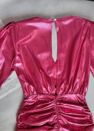 Вечернее яркая розовое люрексное короткое мини платье с длинным рукавом облегающая фуксия люрекс6 фото