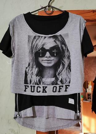 Футболка двойка (кроп топ +черная футболка, по бокам молнии рабочие) , 100%cotton, размер м