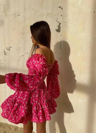 Малинова міні сукня в квітковий принт з шнурівкою на спині s m2 фото