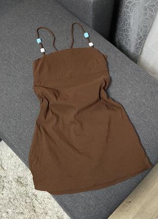 Очень красивое мини-коричневое короткое лен платье-платье коричневое zara3 фото