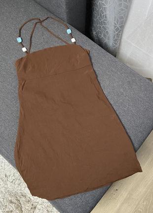 Очень красивое мини-коричневое короткое лен платье-платье коричневое zara4 фото