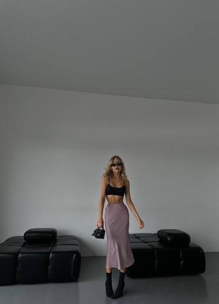Женская трендовая атласная пудровая юбка миди, шелковая юбка2 фото