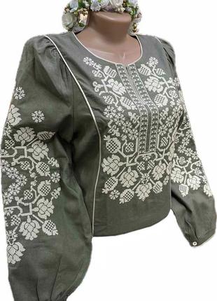 Блуза вышиванка женская хаки с бежевой вышивкой7 фото