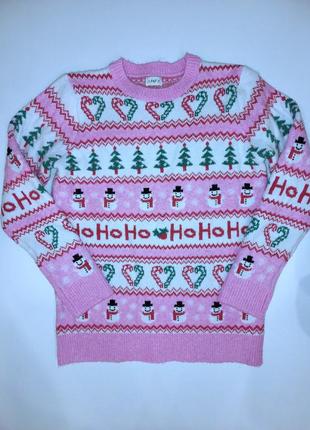 Свитер теплый розовый с елочкой снеговик новогодний свитер тёплый