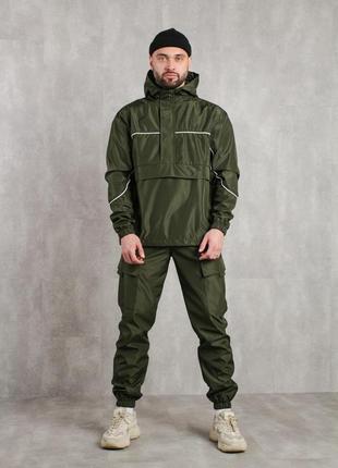 Чоловічій сплртивни комплект анорак + штани карго з плащівки демісезонний хакі