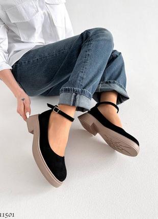 Красивые туфли на низком ходу с ремешком замшевые кожаные черные белые бежевые фуксия синие джинс3 фото