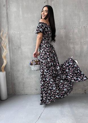 Женское длинное черное изысканное стильное трендовое платье макси на резинке с цветочным принтом.5 фото