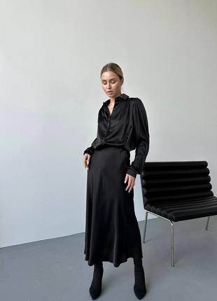 Стильный женский черный шелковый легкий костюм комплект двойка рубашка с юбкой