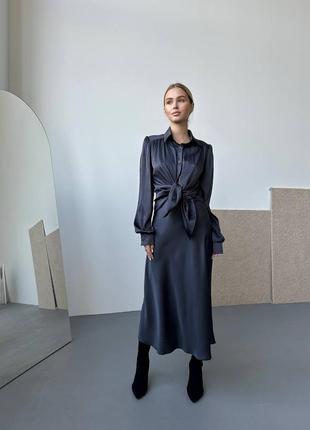 Жіночий стильний темно-сірий шовковий легкий костюм комплект двійка сорочка з спідницею