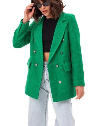 Пиджак женский двубортный, фабричный, твидовый, свободного кроя оверсайз, зеленый
