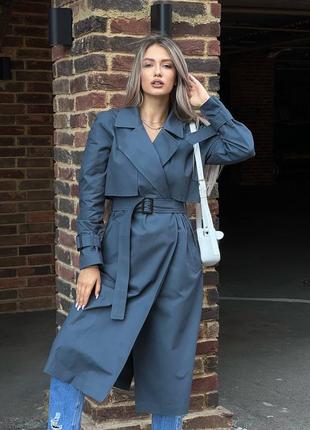 Стильный женский темно-синий качественный трендовый базовый тренч пальто с поясом