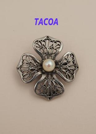 Брошь винтаж цветок филигрань tacoa под серебро // сундук с сокровищами